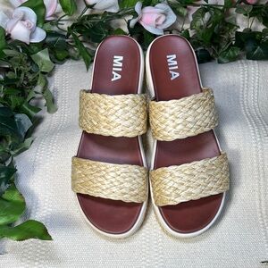 👡MIA Raffia Braided Double-Strap Platform Slide Sandals with Brown Footbed